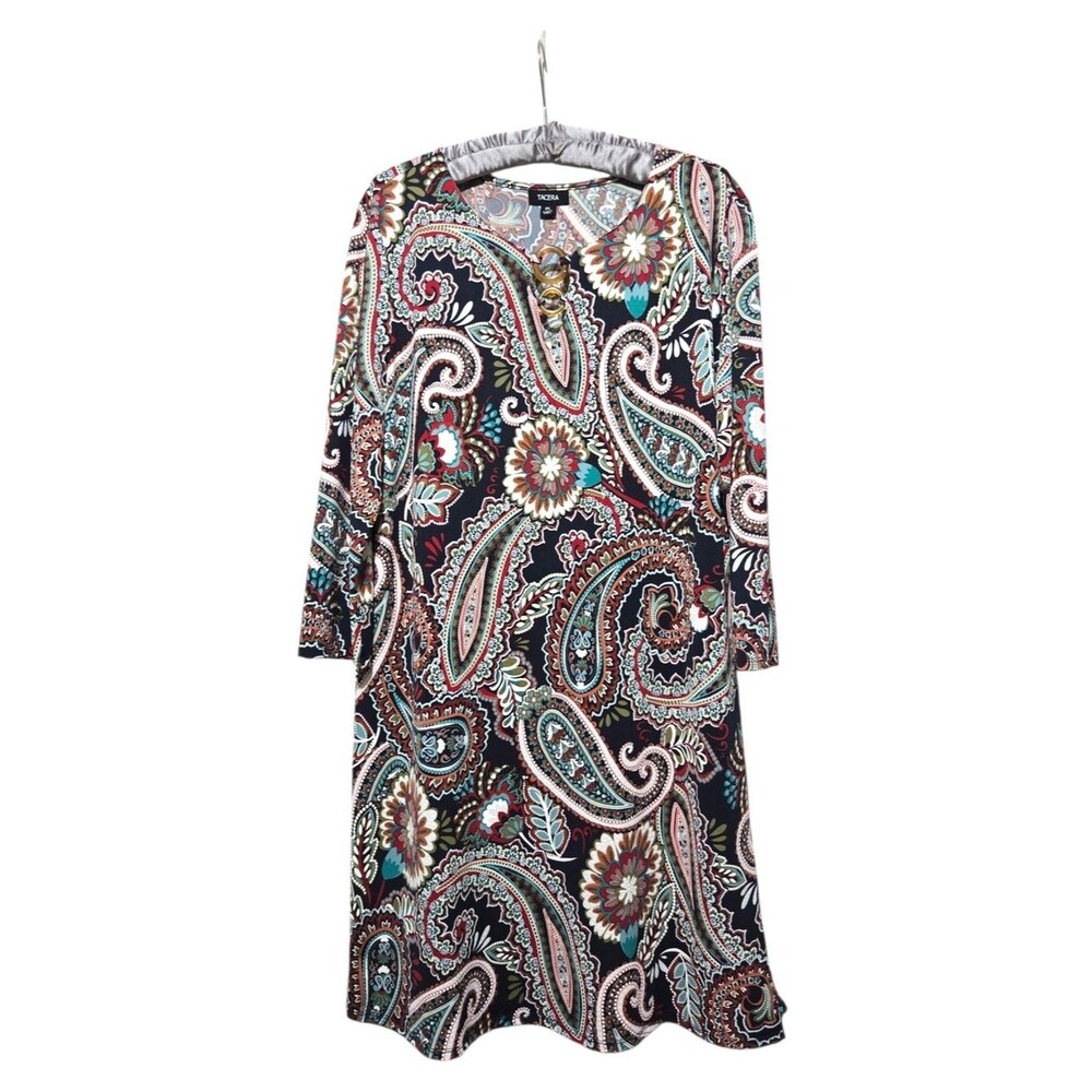 Tacera Paisley Print Shift Dress 3/4 Sleeve Knit Multicolor Keyhole Hardware PL